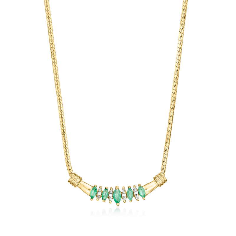 Vintage yellow gold necklace with row of emeralds and small diamond accents, 10kt