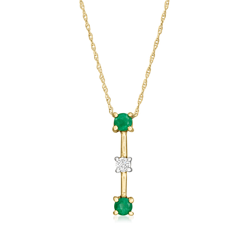 14kt yellow gold pendant necklace with green emerald drops and small diamond accents