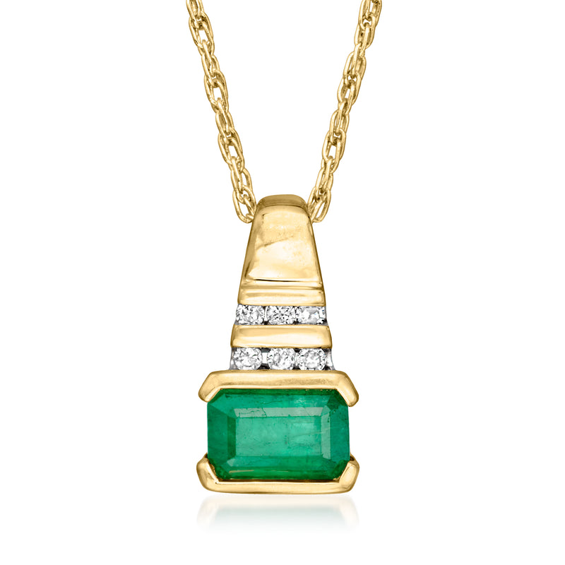 14kt yellow gold pendant necklace with rectangular green emerald and diamond accents