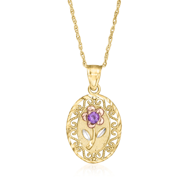 Tri-colored gold filigree flower pendant necklace with single amethyst stone