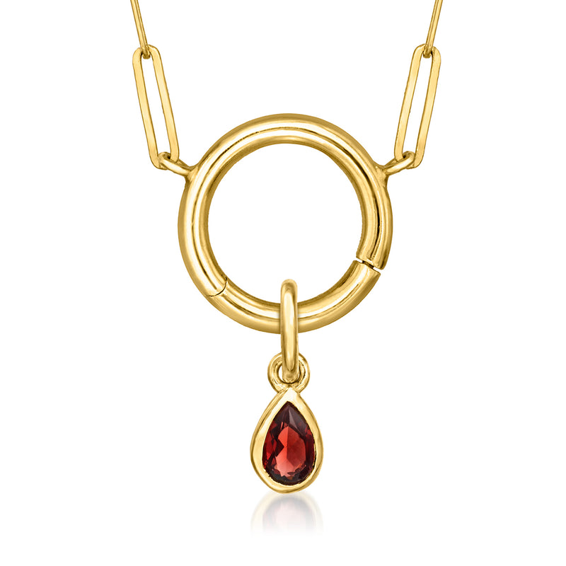 14kt yellow gold birthstone charm with red pear teardrop on circular link