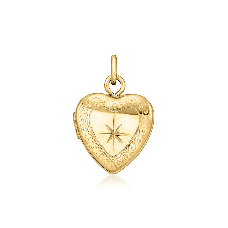14kt yellow gold heart locket charm with engraved border and star motif