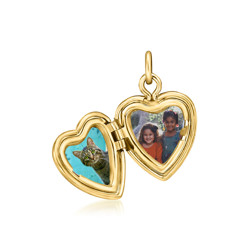 14kt yellow gold double heart locket charm with cat and photo inserts