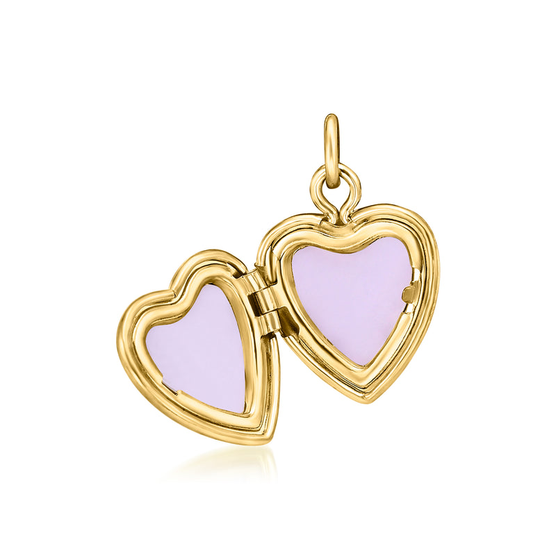 14kt yellow gold double heart locket charm with purple enamel heart inserts