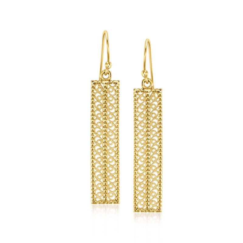 Gold filigree bar drop earrings with earwire, openwork rectangle pattern
