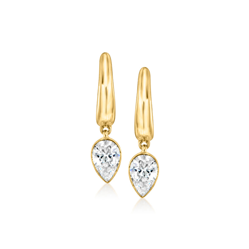 Gold hoop drop earrings with pear-shaped lab-grown diamond drops, polished setting