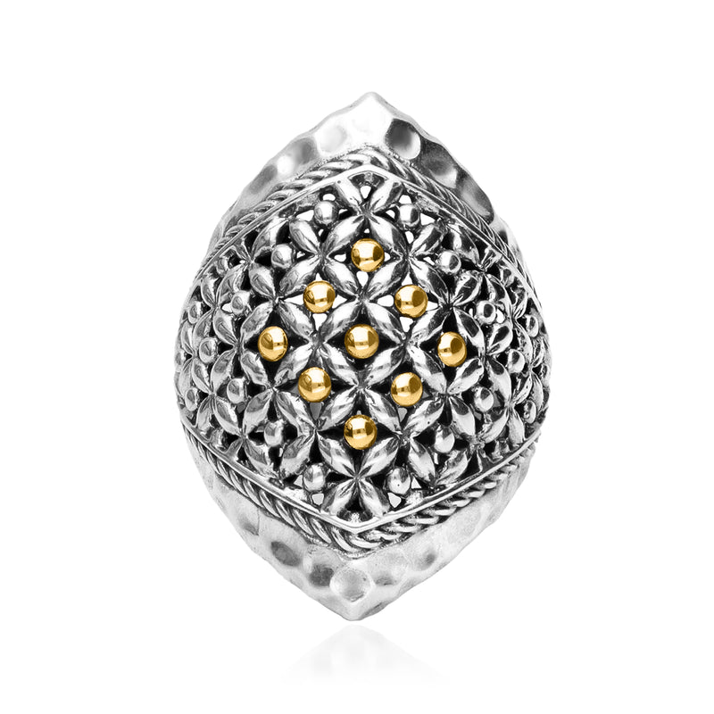 Bali-style beaded ring with sterling silver texture and gold bead accents