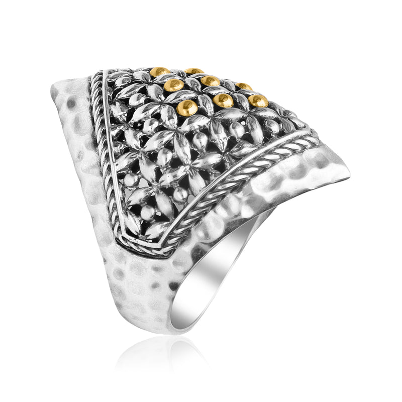 Sterling silver Bali beaded ring with raised gold beads on the top
