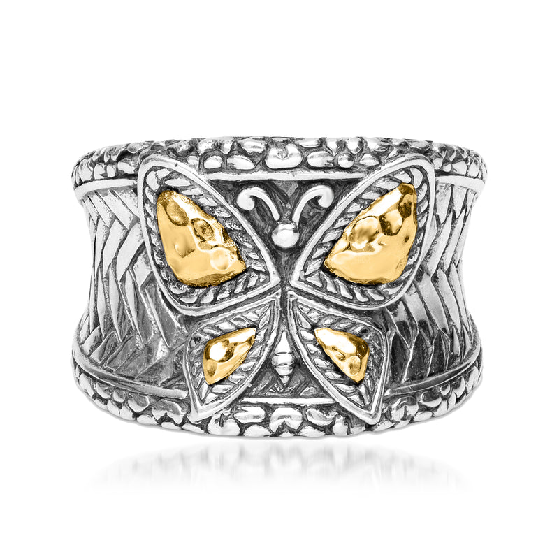 Sterling silver Bali-style butterfly ring with four gold butterfly inlays
