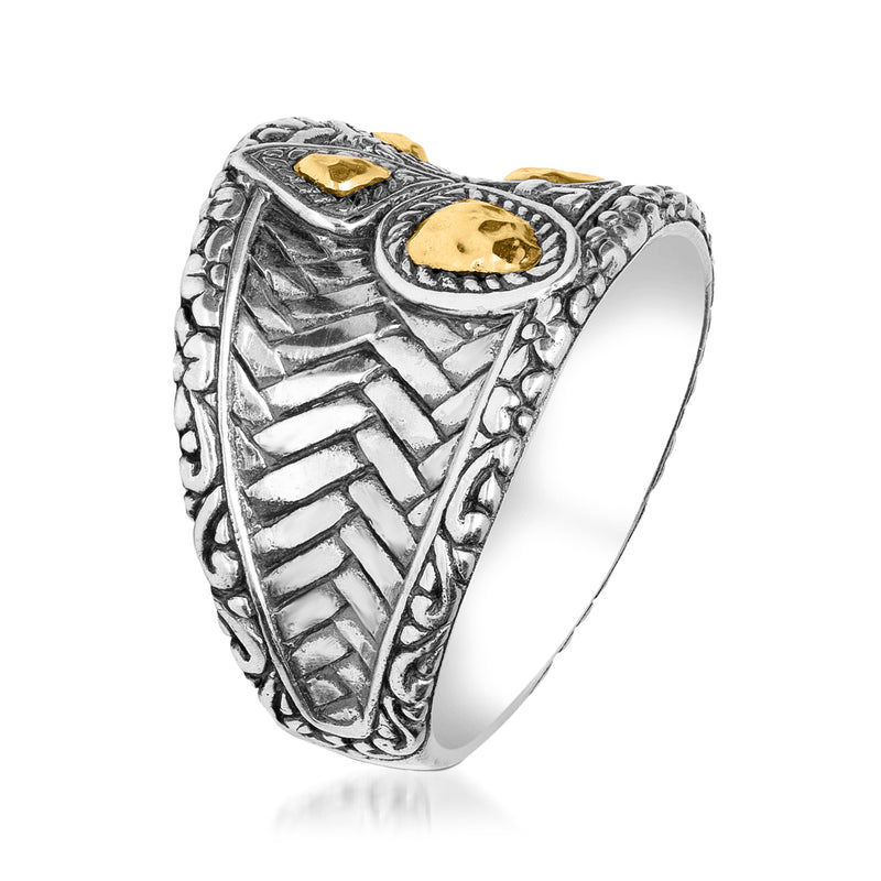 Sterling silver ring with gold butterfly face inlay and detailed Bali texture