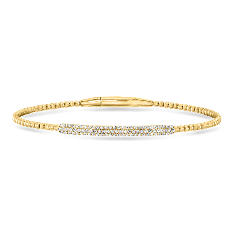 Gold-tone beaded bangle bracelet with lab-grown diamond bar center