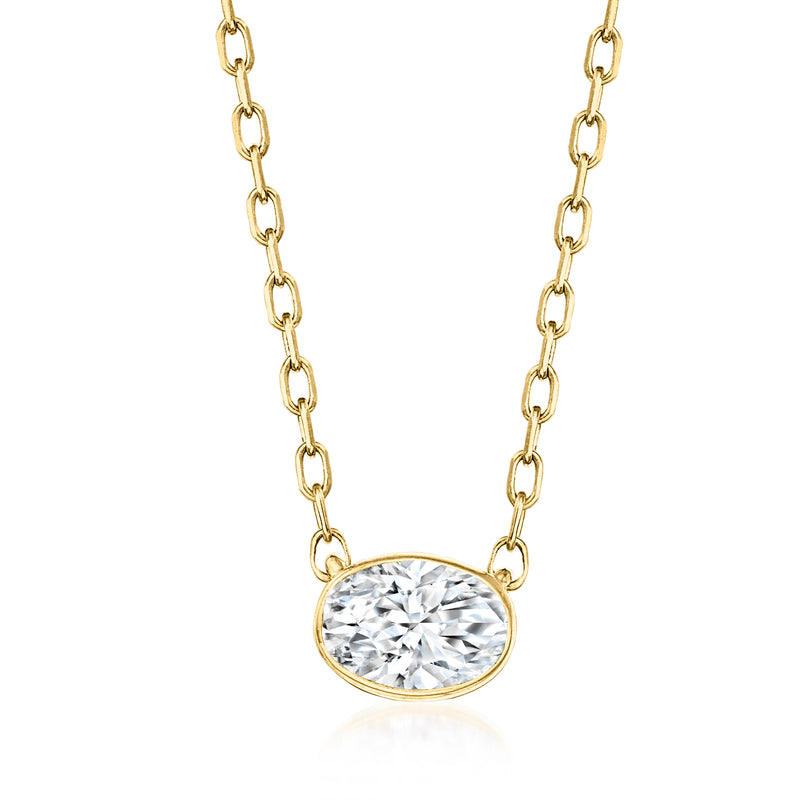 Gold oval bezel lab-grown diamond pendant necklace with round-link chain