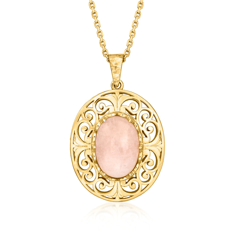 Gold-tone oval morganite pendant with ornate scroll frame on link chain