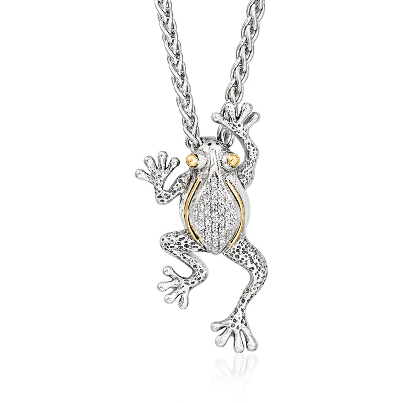 Sterling silver frog pendant necklace with diamond body and 18k yellow-gold eye accents
