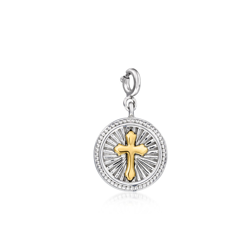 Sterling silver cross disc charm with gold-tone cross detail and small hoop bail