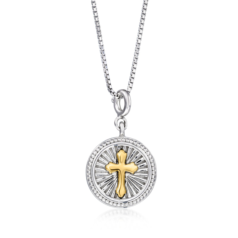 Sterling silver chain necklace charm with round cross disc pendant and gold-tone cross