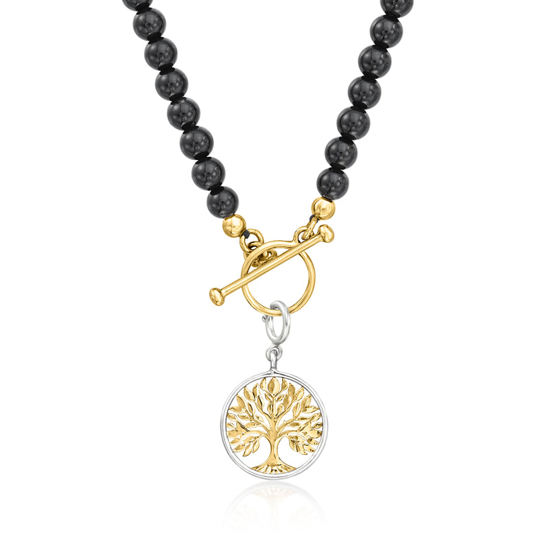 Tree of Life charm with gold clasp on black beaded necklace, round pendant