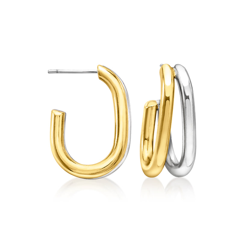 Gold and silver double-row J-hoop hoop earrings, hinged closure, polished metal