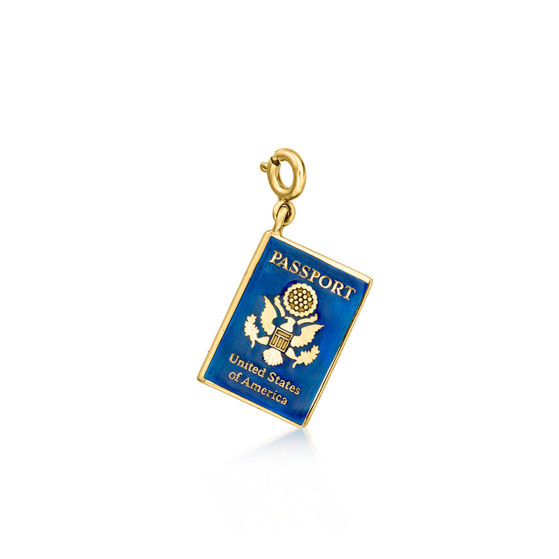 Gold over sterling passport charm with blue enamel cover and gold ring bail