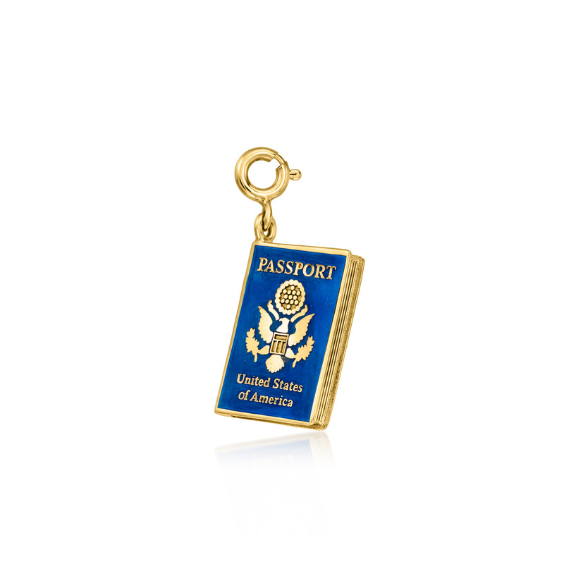 Gold passport charm with blue enamel United States design and top loop bail