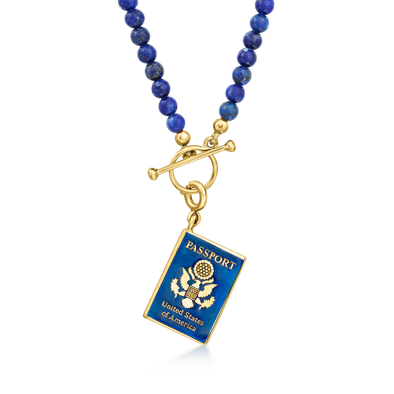 Blue beaded necklace with gold passport charm pendant and blue enamel front