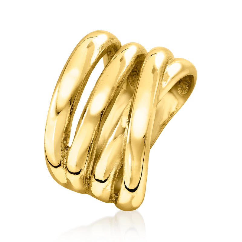 Gold-plated multi-row coil ring, side view of curved stacked bands