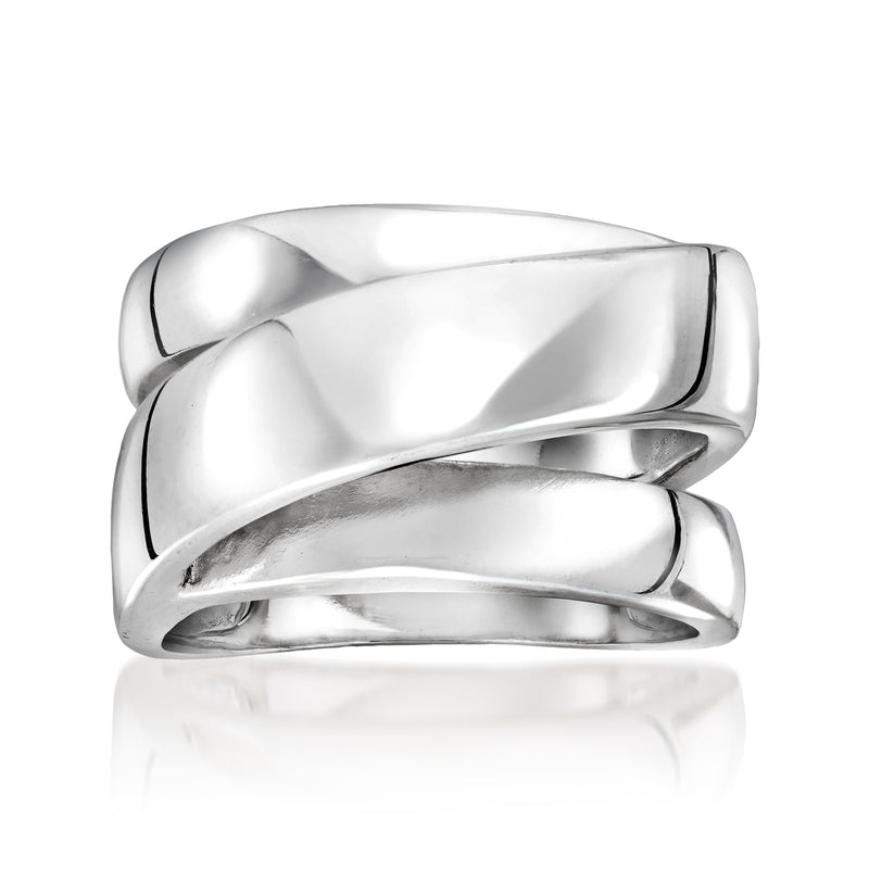 Silver-plated multi-row statement ring with wide curved bands and polished shine