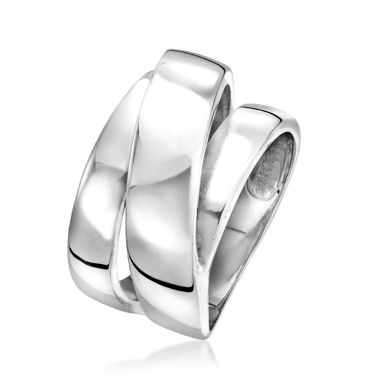 Silver-plated wide multi-row ring with oval shape and glossy mirror finish