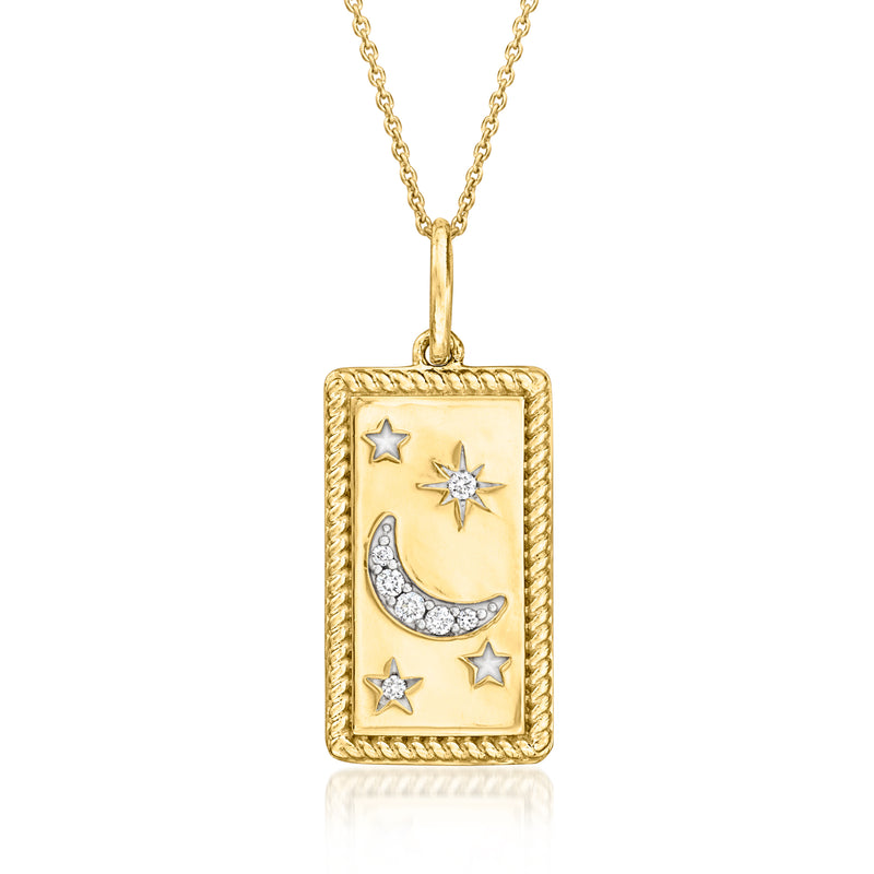 Gold moon and star pendant necklace with rectangular charm and sparkling accents