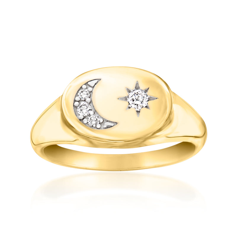 Gold signet ring with diamond moon and star motif, bezel-set stones