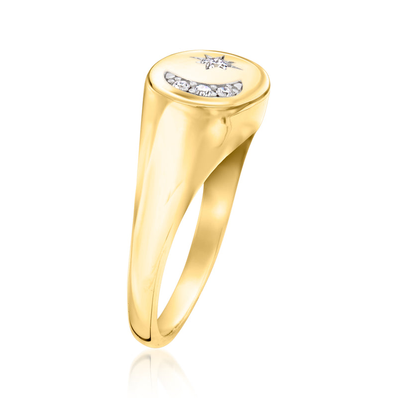 Gold signet ring with crescent moon and star diamond accents, domed top