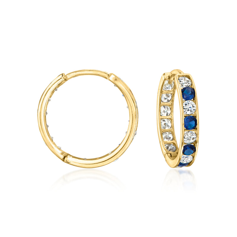 14kt yellow gold hoop earrings with blue and clear stone accents