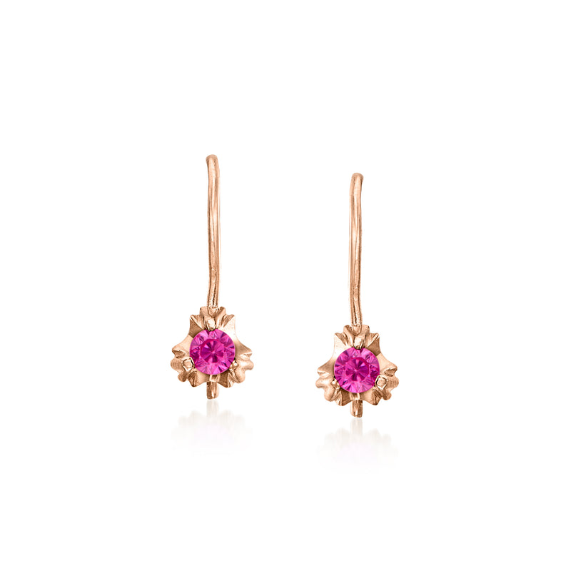 14kt rose gold rose-cut drop earrings with round purple gemstone flower on earwires