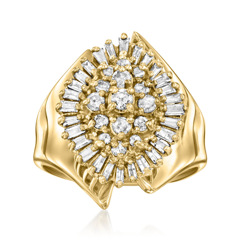 14kt yellow gold diamond cluster ring with round stones and baguette border