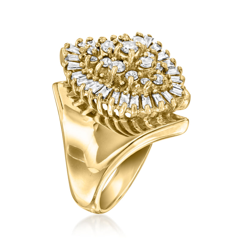 Yellow gold diamond cluster ring, side view with curved shank and baguette stones