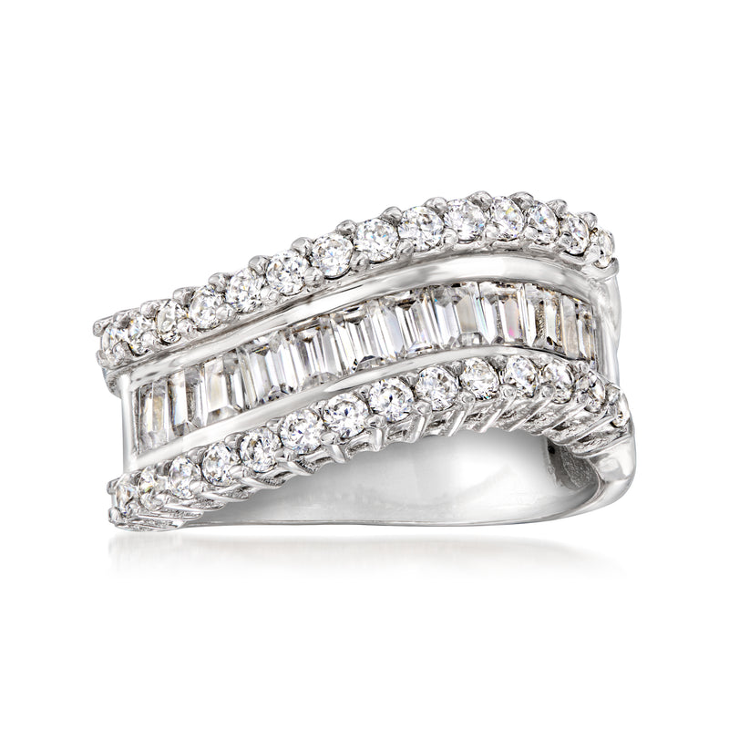 Sterling silver-plated curved ring with clear CZ rows and baguette center stones