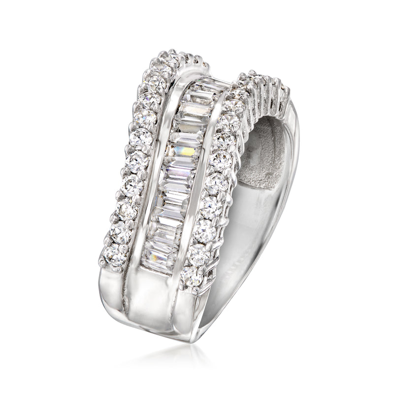 Sterling silver-plated curved ring with baguette CZ center and side halo stones