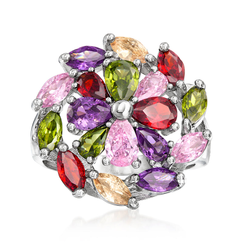 Silver-plated ring with multicolored CZ cluster, marquise stones and round center