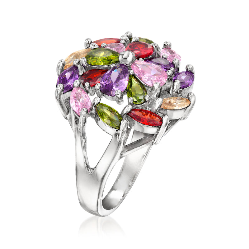 Silver-plated ring side profile with multicolored oval and marquise CZ stones