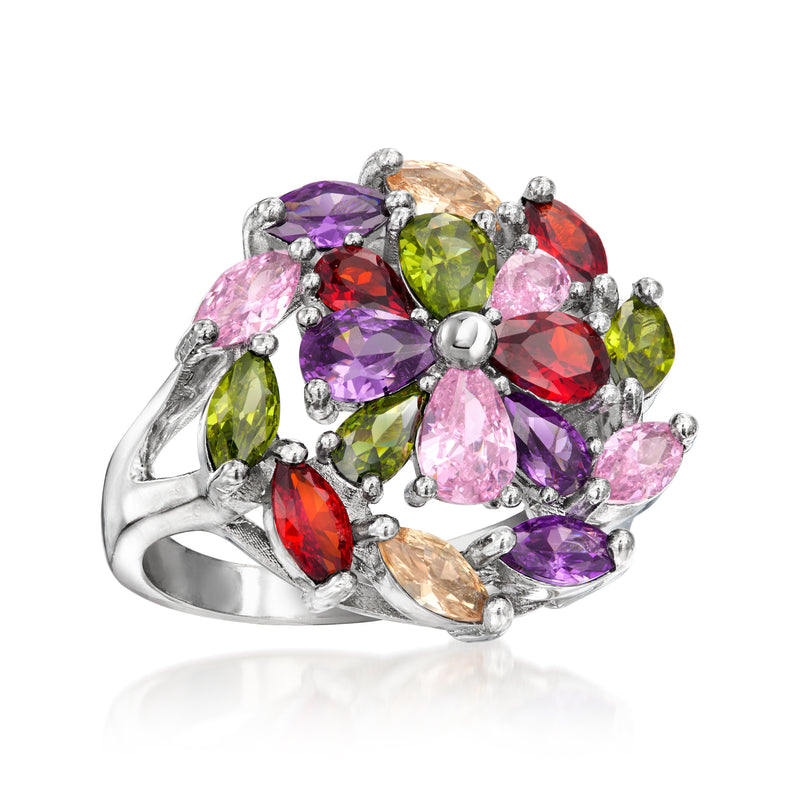Silver-plated ring with multicolored CZ cluster, purple green and red stones on top