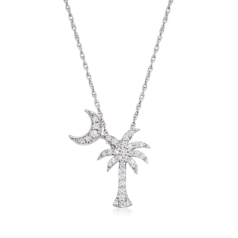 14kt white gold diamond palm tree and moon pendant necklace