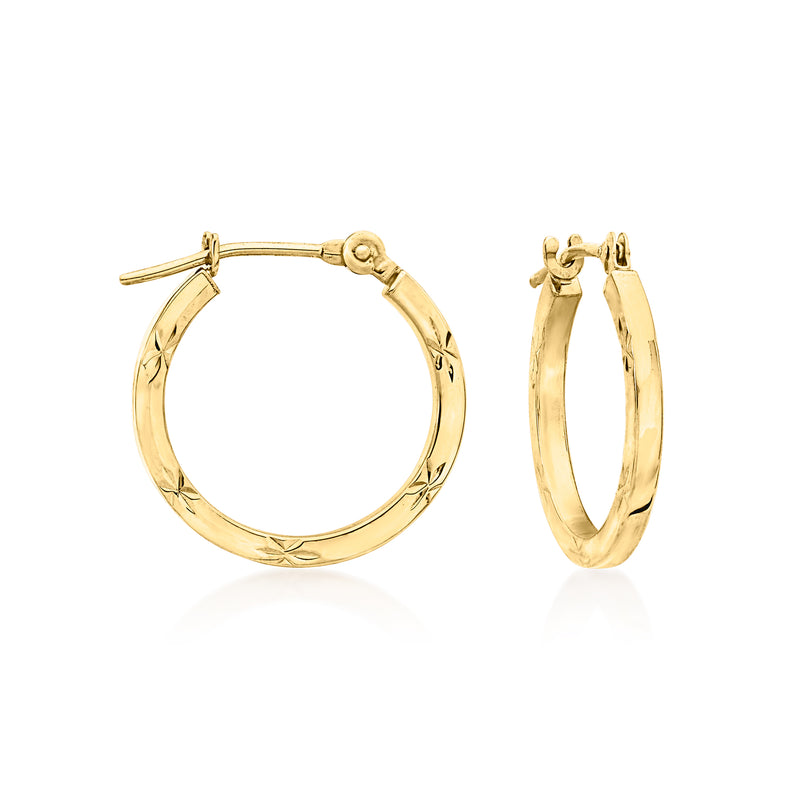 Vintage 14kt yellow gold etched hoop earrings with hinged clasp, round profile