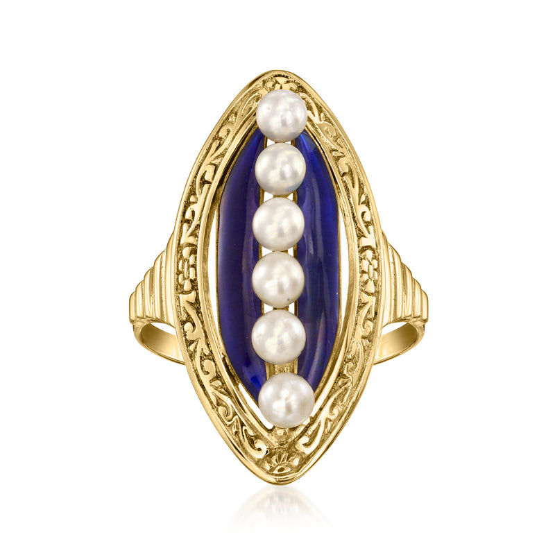 Vintage blue enamel and pearl oval ring in 14kt yellow gold, five cultured pearls