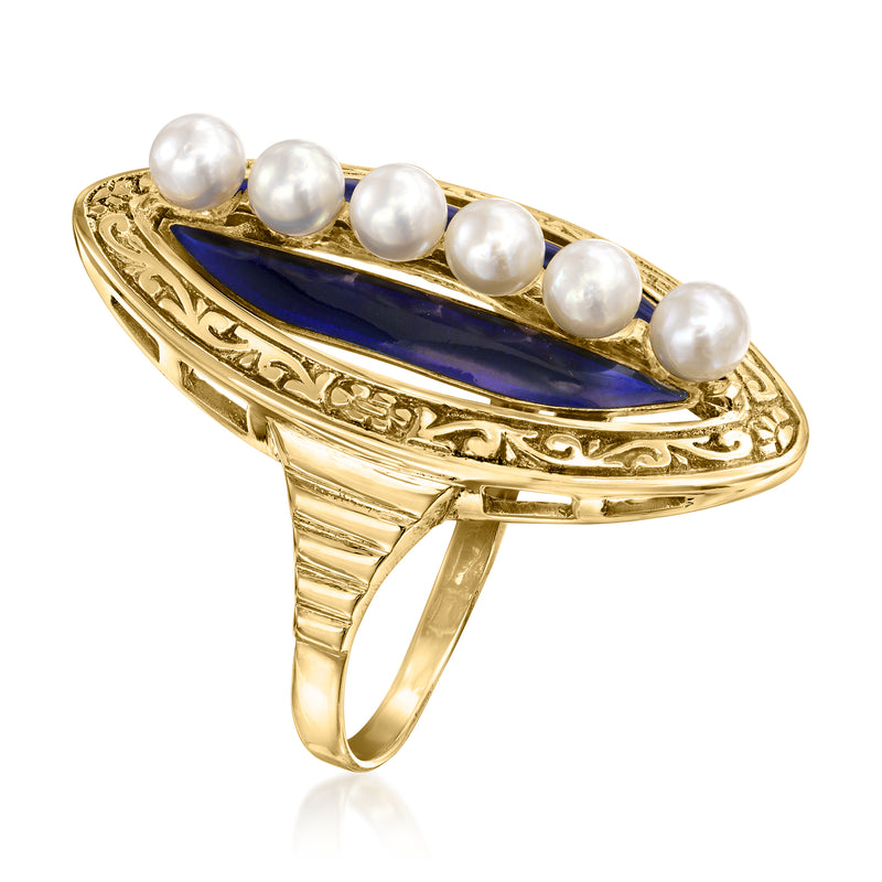 Oval blue enamel ring with five cultured pearls and ornate 14kt yellow gold setting