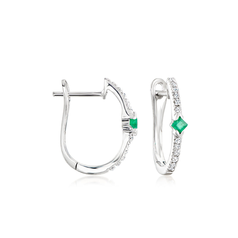 10kt white gold curved hoop earrings with emerald center and diamond accents, post backs