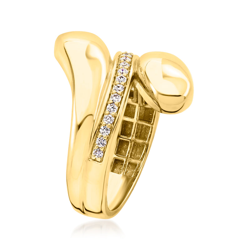 Gold bypass diamond ring with vertical diamond channel and open lattice detail