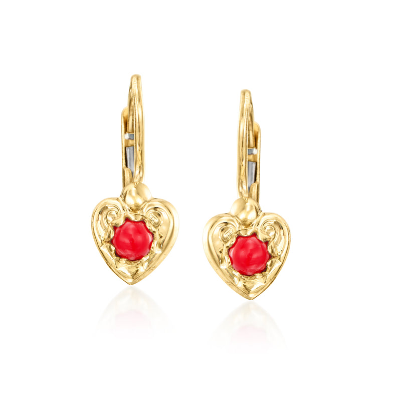 14kt yellow gold leverback heart drop earrings with coral red bead detail