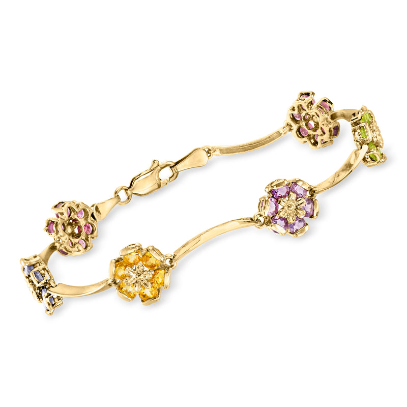 14kt yellow gold flower station bracelet with multicolor gemstones and hinged links