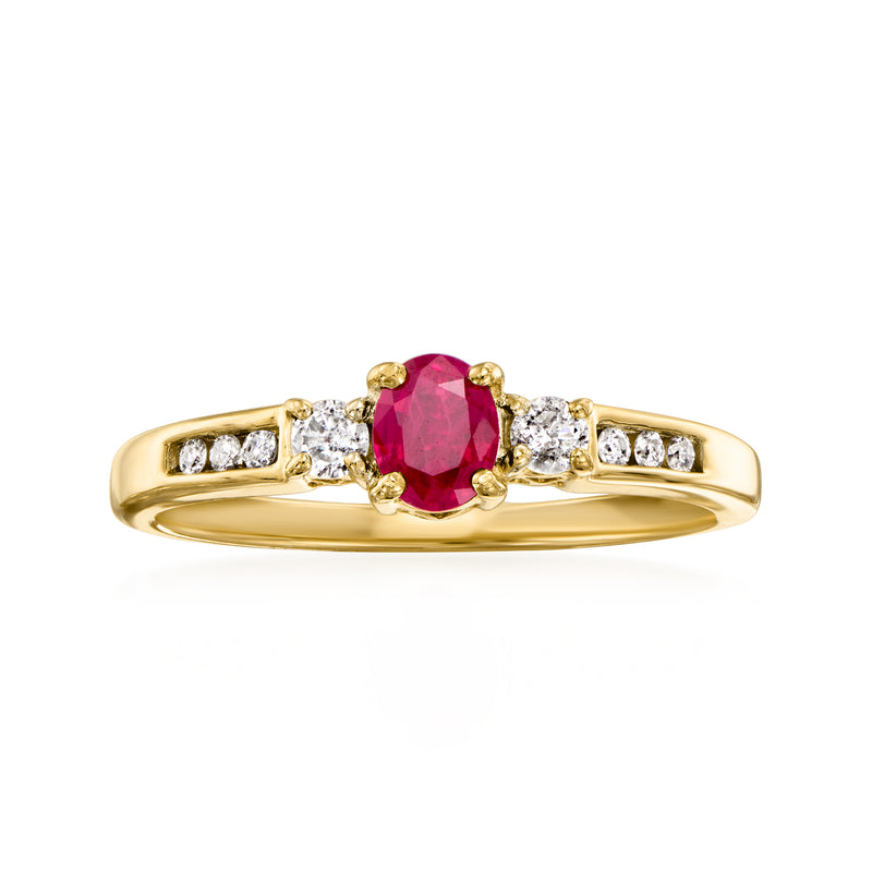 14kt yellow gold ruby ring with oval ruby center and diamond side stones