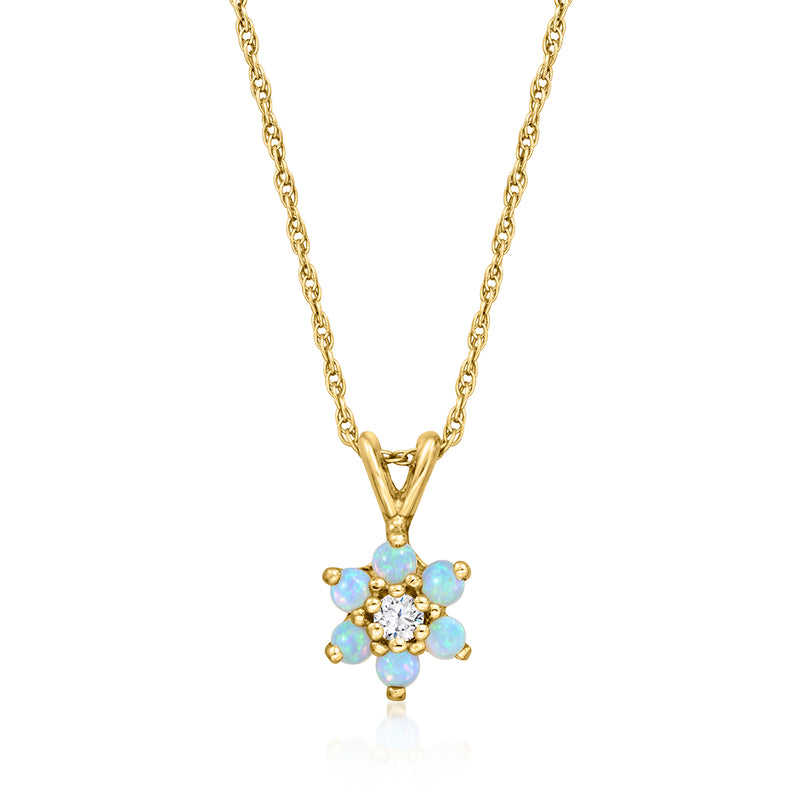 14kt yellow gold opal flower pendant necklace, diamond-like center, gold chain